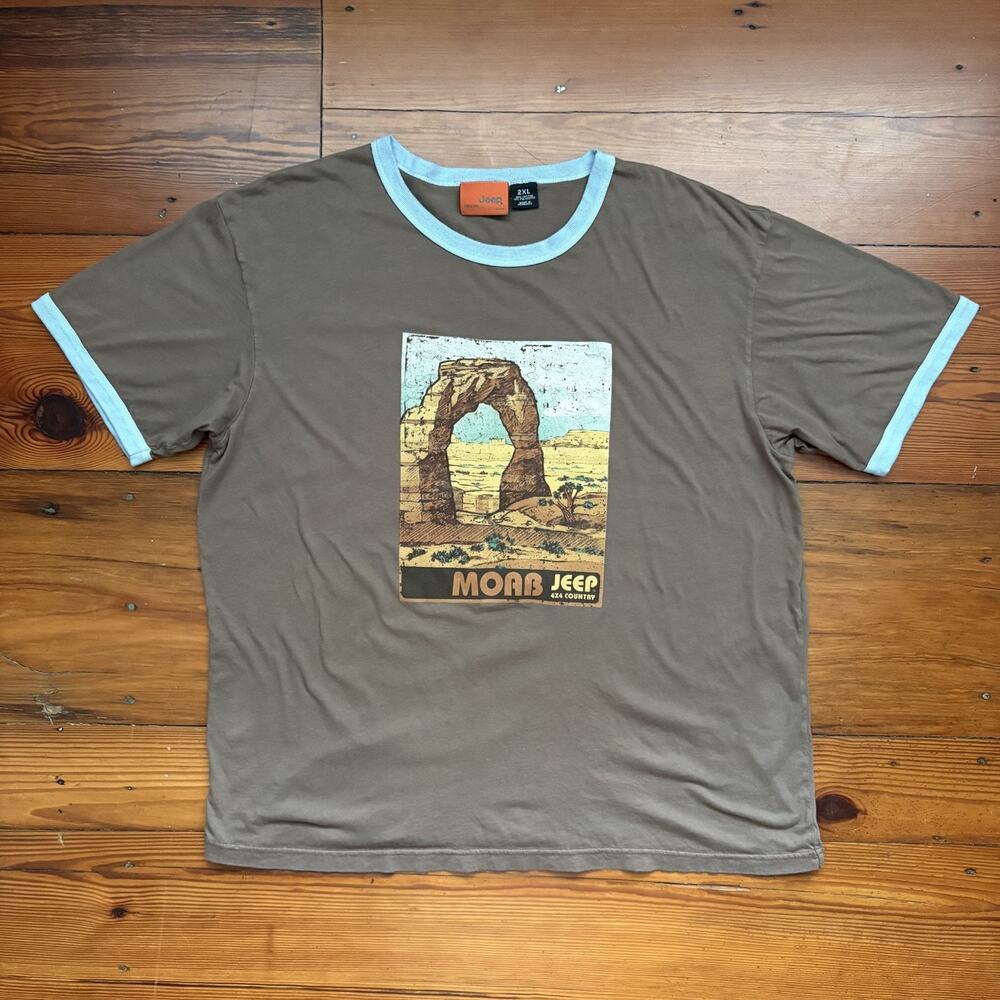 Vintage Jeep Moab Ringer T-Shirt Men's Size 2XL Brown Nature Car